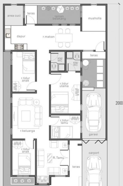 2. Sketsa Rumah Mewah 1 Lantai 3 Kamar dengan Mushola