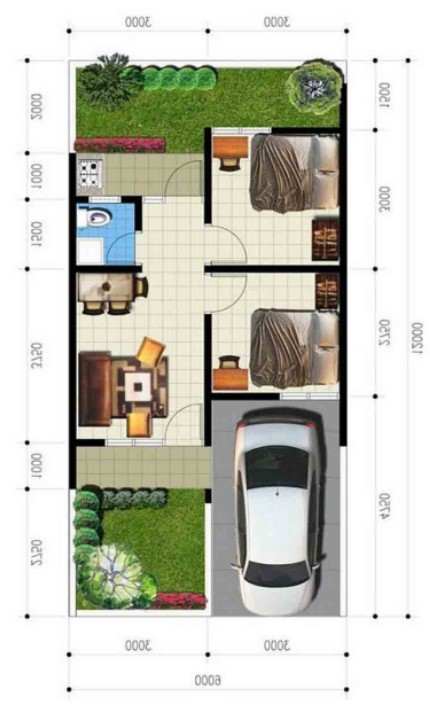 2. Sketsa Rumah Minimalis 2 Kamar 1 Lantai dengan Taman Bagus