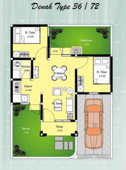 2. Sketsa Rumah Minimalis 2 Kamar 1 Lantai dengan Taman Nyaman