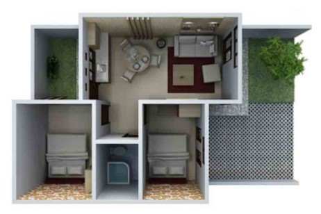 2. Sketsa Rumah Minimalis 2 Kamar 1 Lantai dengan Taman Tampak Dalam