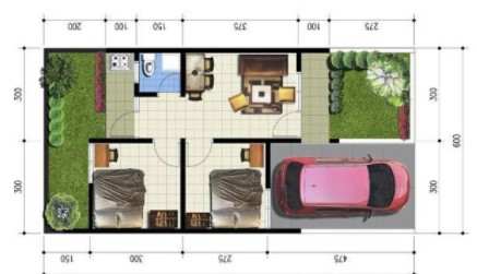 2. Sketsa Rumah Minimalis 2 Kamar 1 Lantai dengan Taman Terbaru