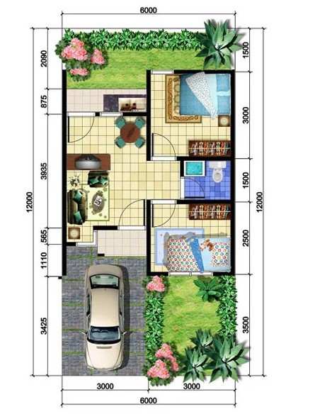 2. Sketsa Rumah Minimalis 2 Kamar 1 Lantai dengan Taman Untuk Keluarga Kecil