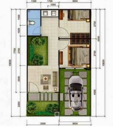 2. Sketsa Rumah Minimalis 2 Kamar 1 Lantai dengan Taman di Tengah