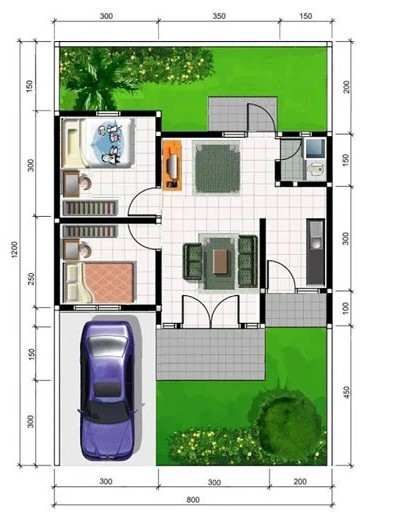 2. Sketsa Rumah Minimalis 2 Kamar 1 Lantai dengan Taman