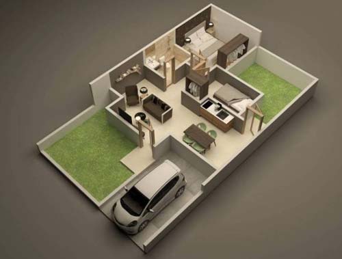 3. Desain Rumah Minimalis 2 Kamar 1 Lantai dengan Taman dan Garasi 1 4