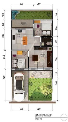 3. Desain Rumah Minimalis 2 Kamar 1 Lantai dengan Taman dan Garasi 2