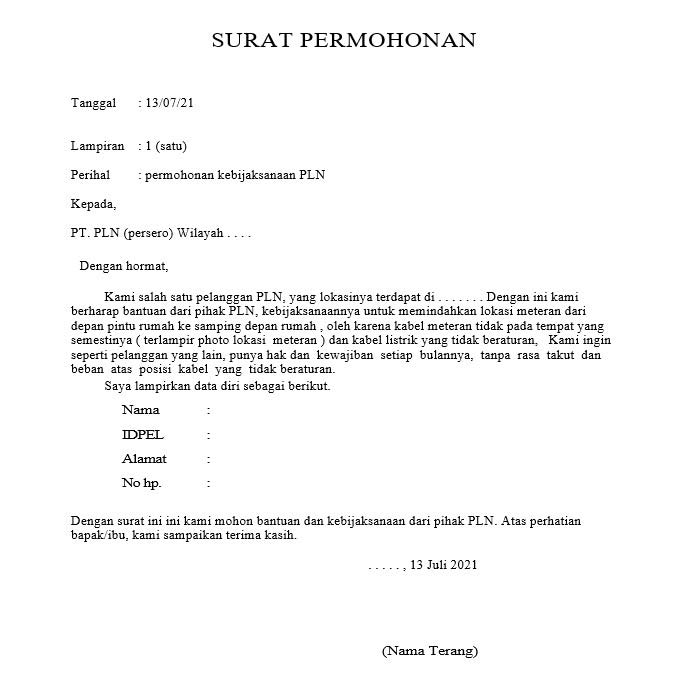 Contoh Surat Permohonan Pindah Meteran Listrik